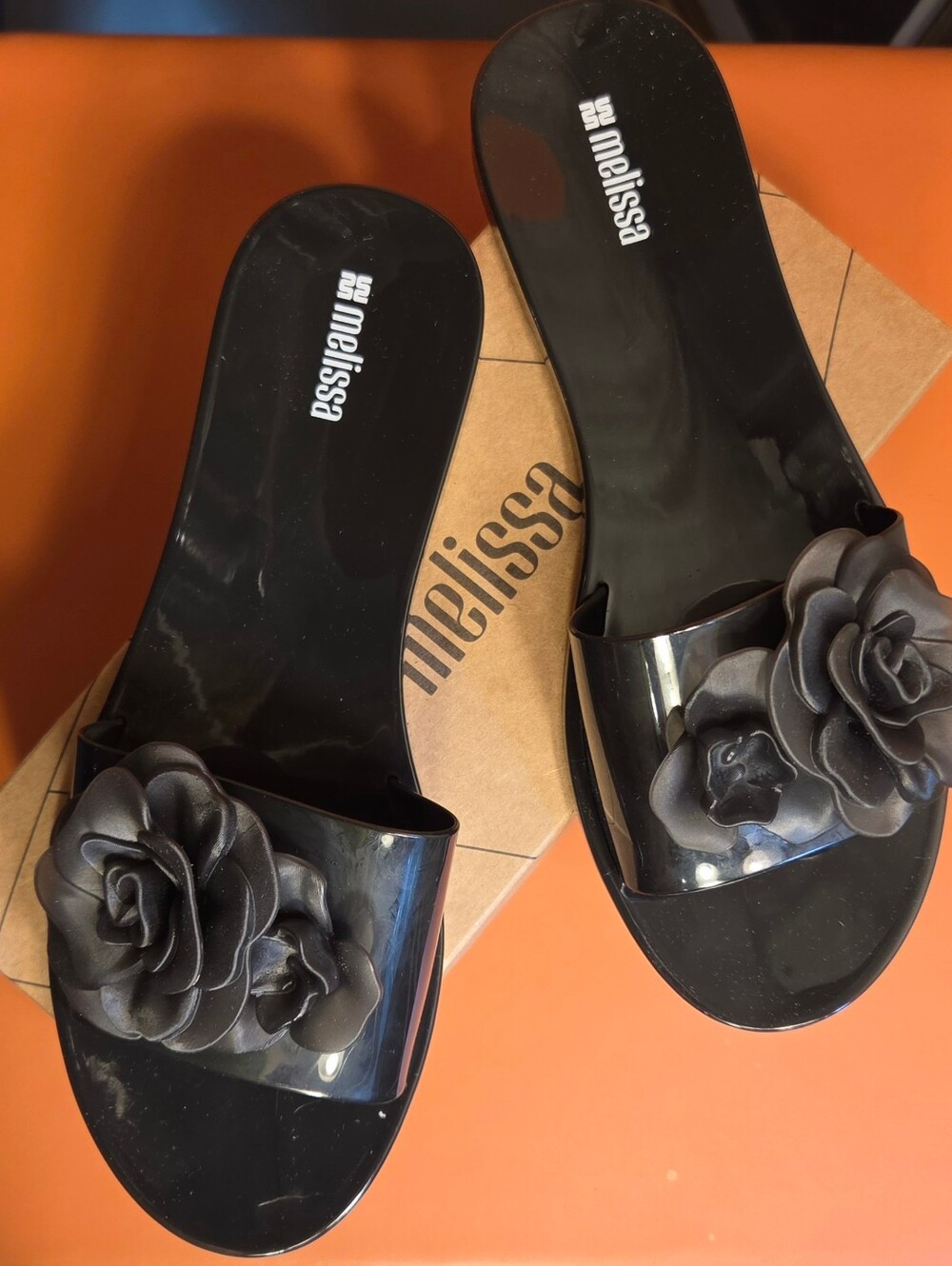 Melissa Babe Petals Floral Rose Black Jelly Slide Sandals Shoes Women Size 9